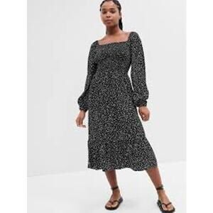 Gap Print Squareneck Midi Dress Womens Size Medium Petite Black White Dot Print